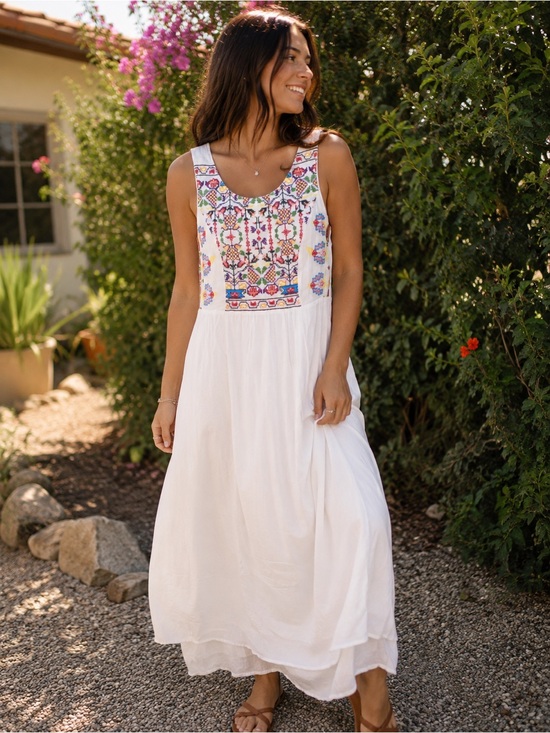 Sundance Dresses & Skirts - Sundance White Maxi Dress with Colorful Embroidered Bodice